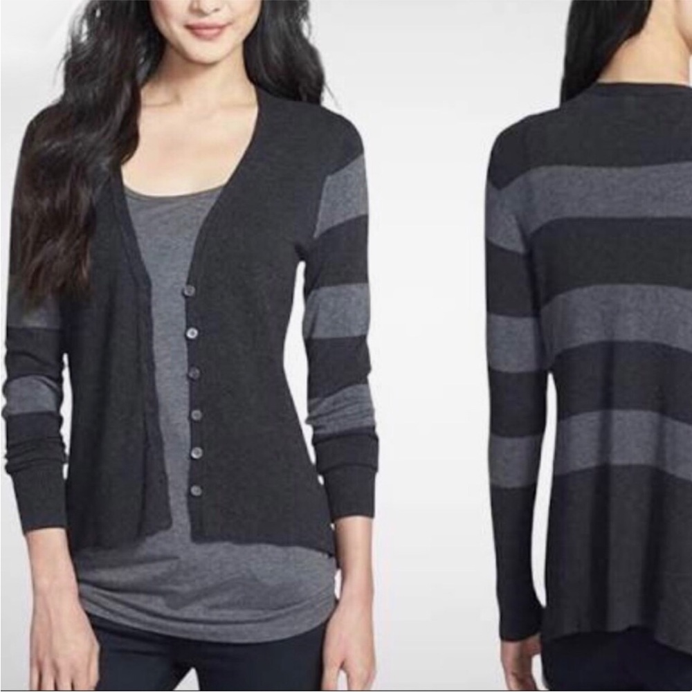 Eileen Fisher gray Striped sleeve Button Down V-Neck Cardigan Sweater Size: L
